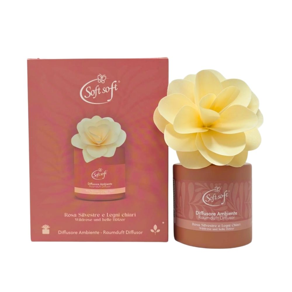 Diffusore di fragranza con fiore SOFT SOFT rosa silvestre e legni chiari 140 ml